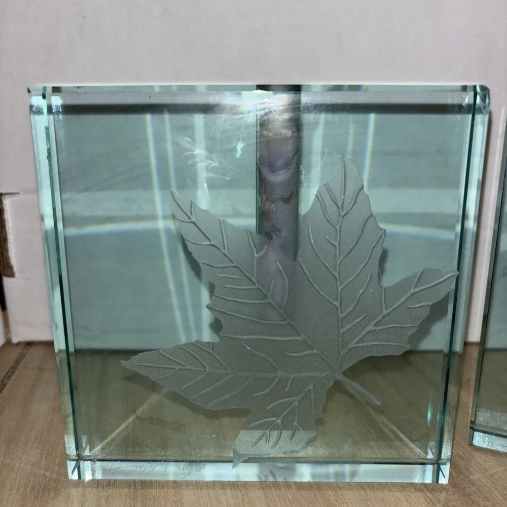 Vintage Set Of 2 Stephen Schlanser Glass Block Bud Vase 1999 Signed Etched 5