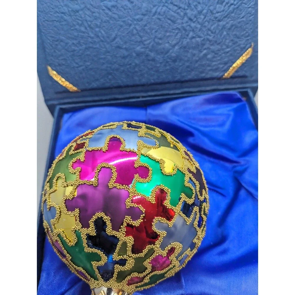 Crate & Barrel Multicolor Glass Puzzle Piece Christmas Ornament Autism Awareness