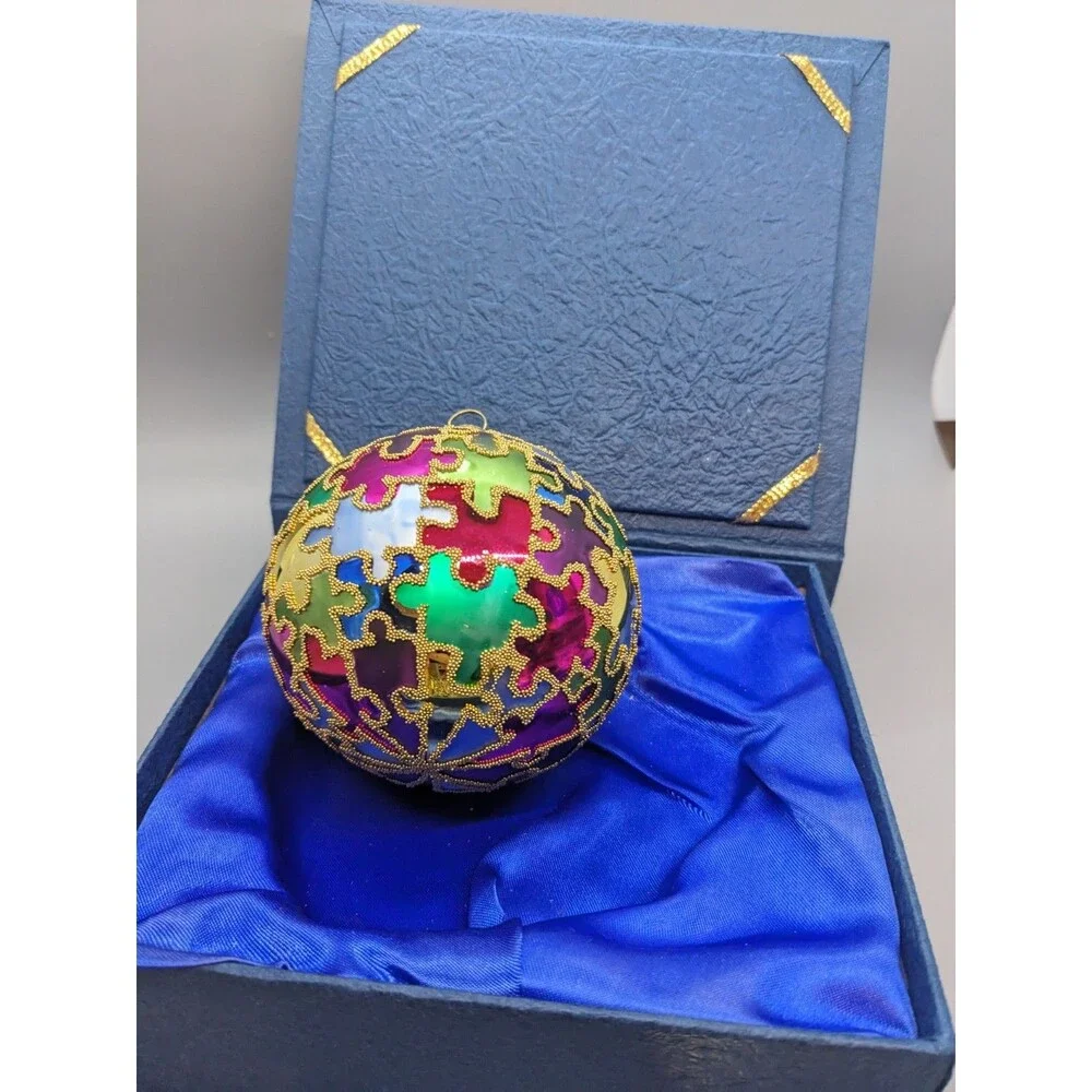 Crate & Barrel Multicolor Glass Puzzle Piece Christmas Ornament Autism Awareness