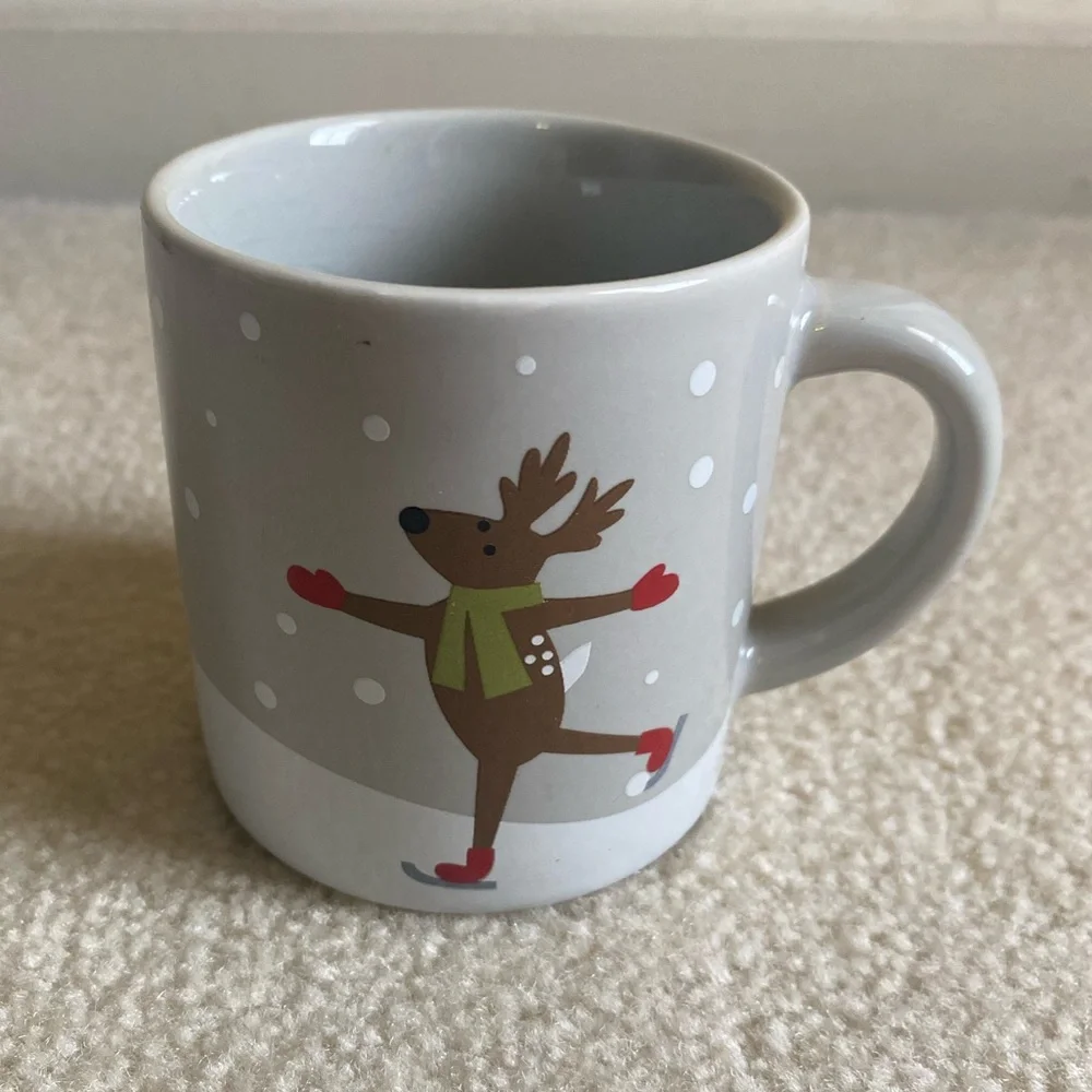 Crate & Barrel Skating Reindeer 3” Espresso Mug, Joan Anderson Christmas 2016