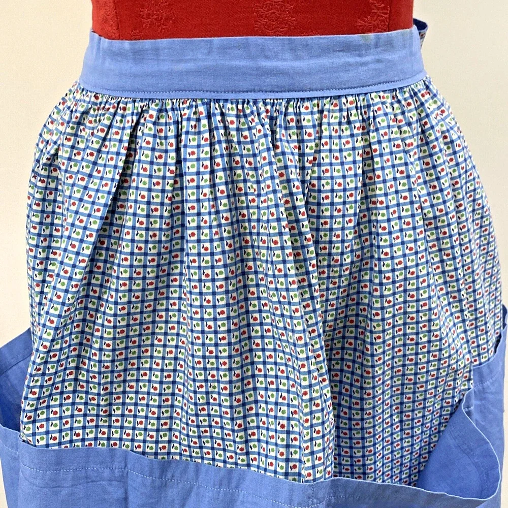 Vintage Handmade Waitress Half Apron 4 Front Hem Pockets Blue Red Green Apples
