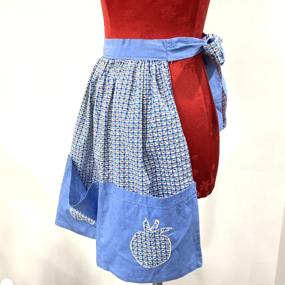Vintage Handmade Waitress Half Apron 4 Front Hem Pockets Blue Red Green Apples