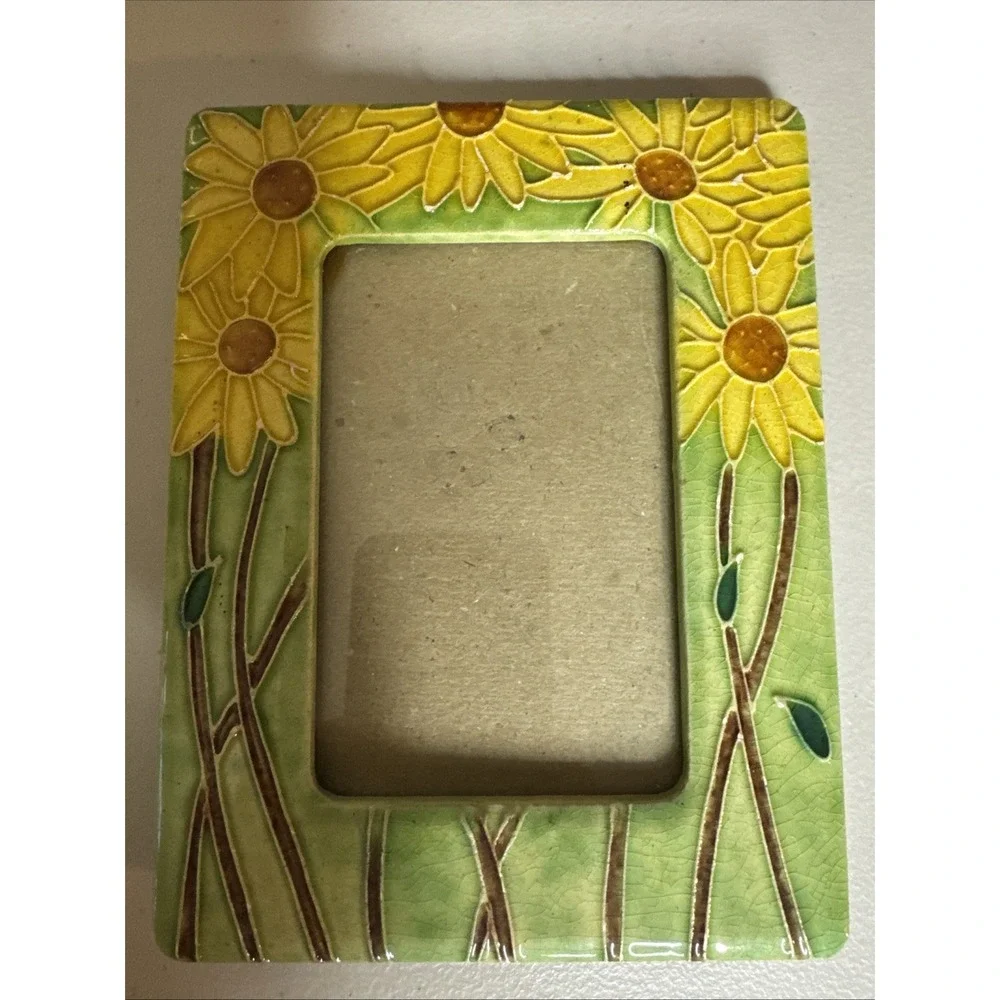 Vintage Yellow Flowers Stand Alone Ceramic Tabletop Picture Frame 4.5x3