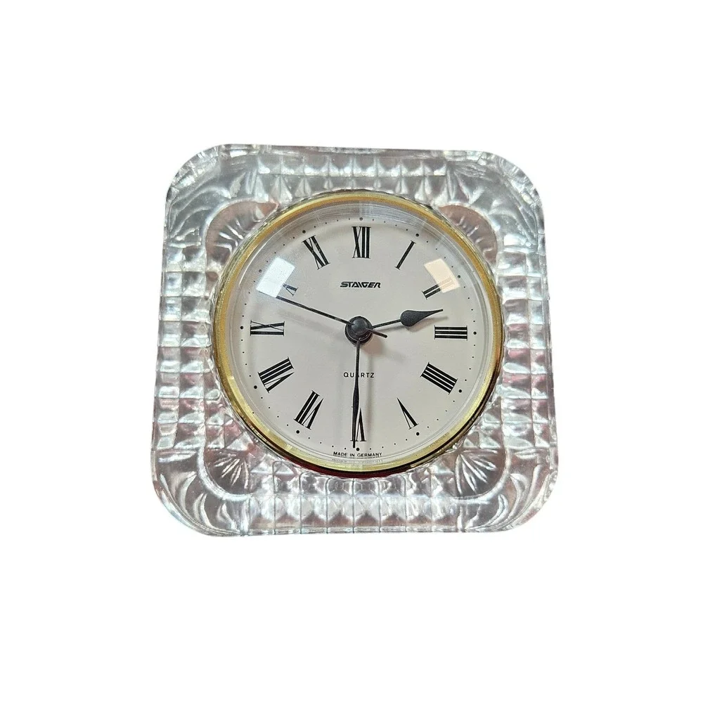 Staiger Quartz Desk Clock Lead Crystal West Germany Roman Numeral Gold Tone Trim