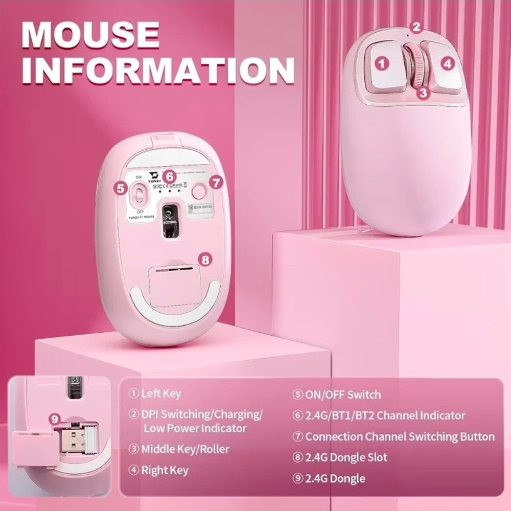 YUNZII C1 Silicone Wireless Mouse Tri-Mode Bluetooth 4800 DPI Pink C1-Pink