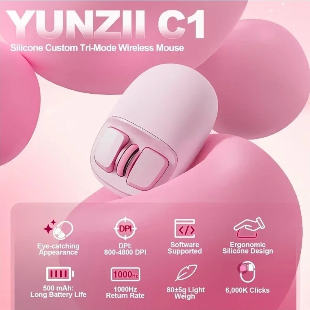 YUNZII C1 Silicone Wireless Mouse Tri-Mode Bluetooth 4800 DPI Pink C1-Pink