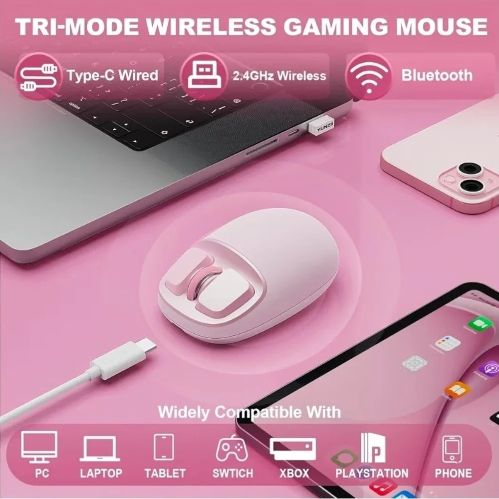 YUNZII C1 Silicone Wireless Mouse Tri-Mode Bluetooth 4800 DPI Pink C1-Pink