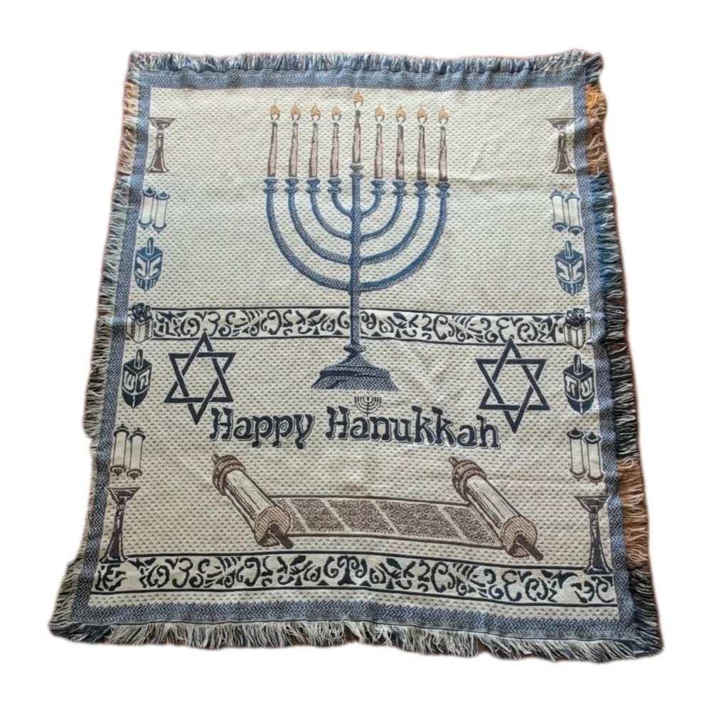 Vintage 1995 Happy Hanukkah Jewish Menorah Torah Woven Throw Blanket Tapestry