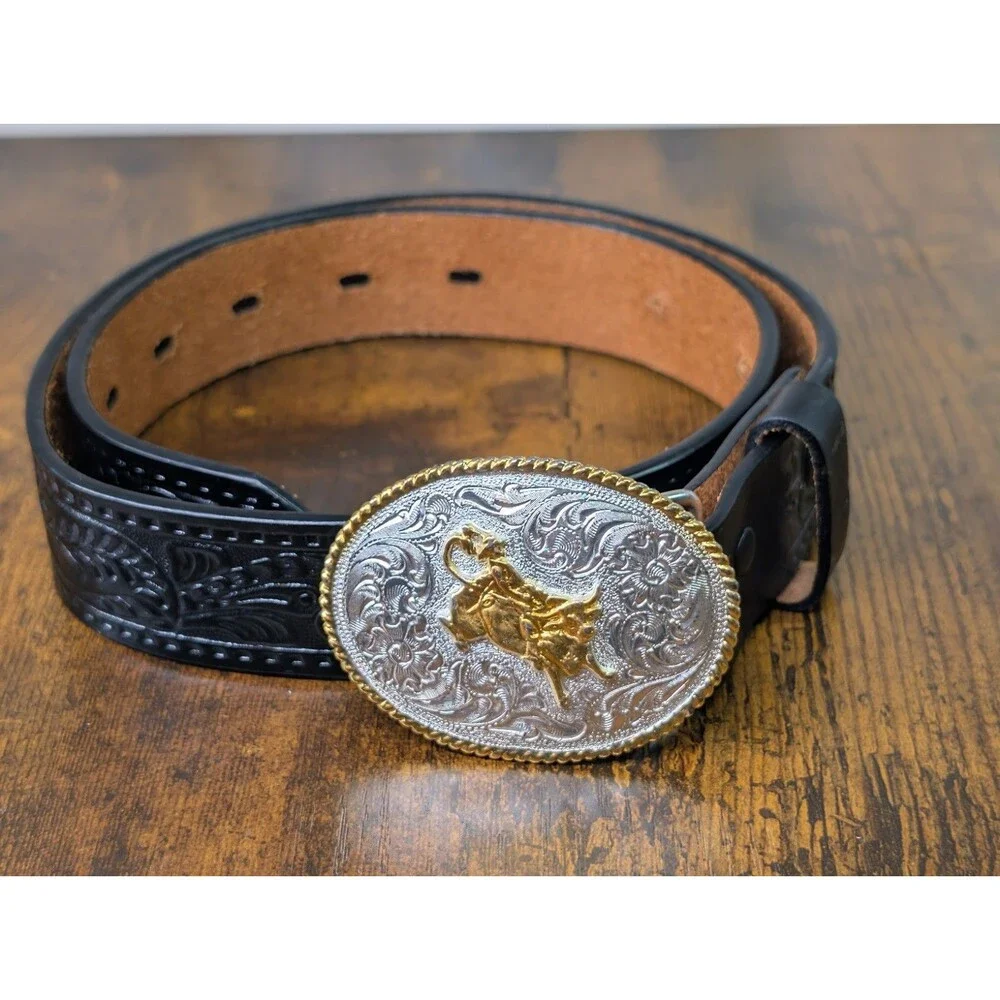 3D Black Genuine Leather Western Belt - Bronco Buckle - Size 26
