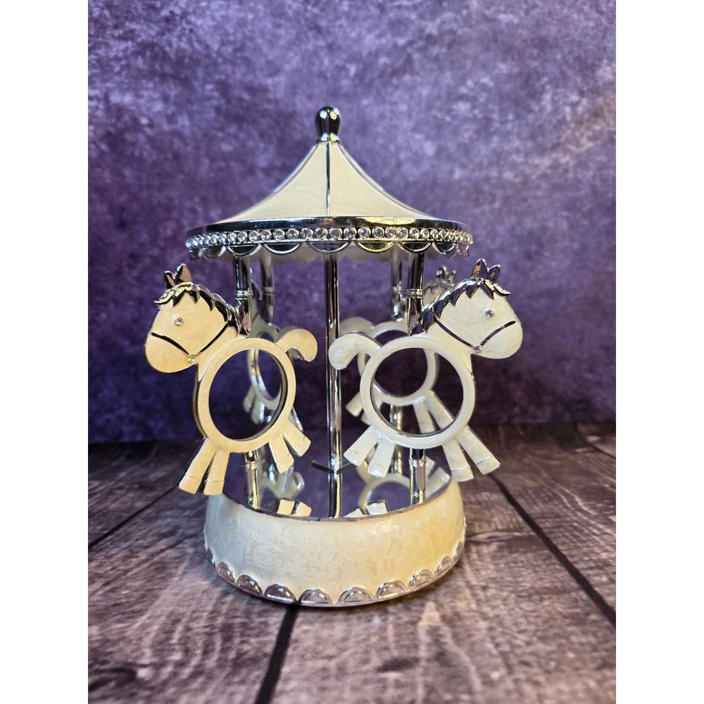 TR Carousel Horse Rotating Multi Photo Frame Silver Cream Enamel Nursery Decor