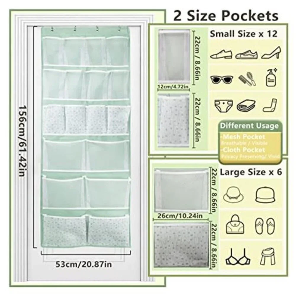 Over Door Organizer 18 Pockets Hanging Storage Shoes Socks Hat Closet Green