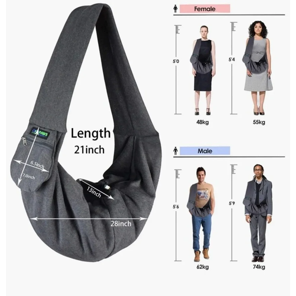 GOOPAWS Hand-free Comfy Pet Sling Bag Gray Dog Cat Carrier Breathable Soft