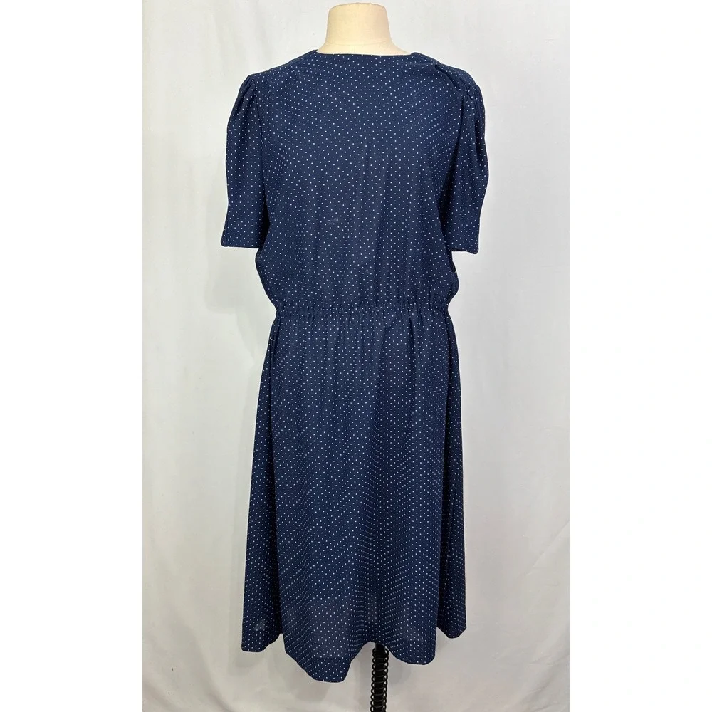 Vintage Navy Blue Polka Dot Midi Dress Short Puff Sleeve Elastic Waist Retro L