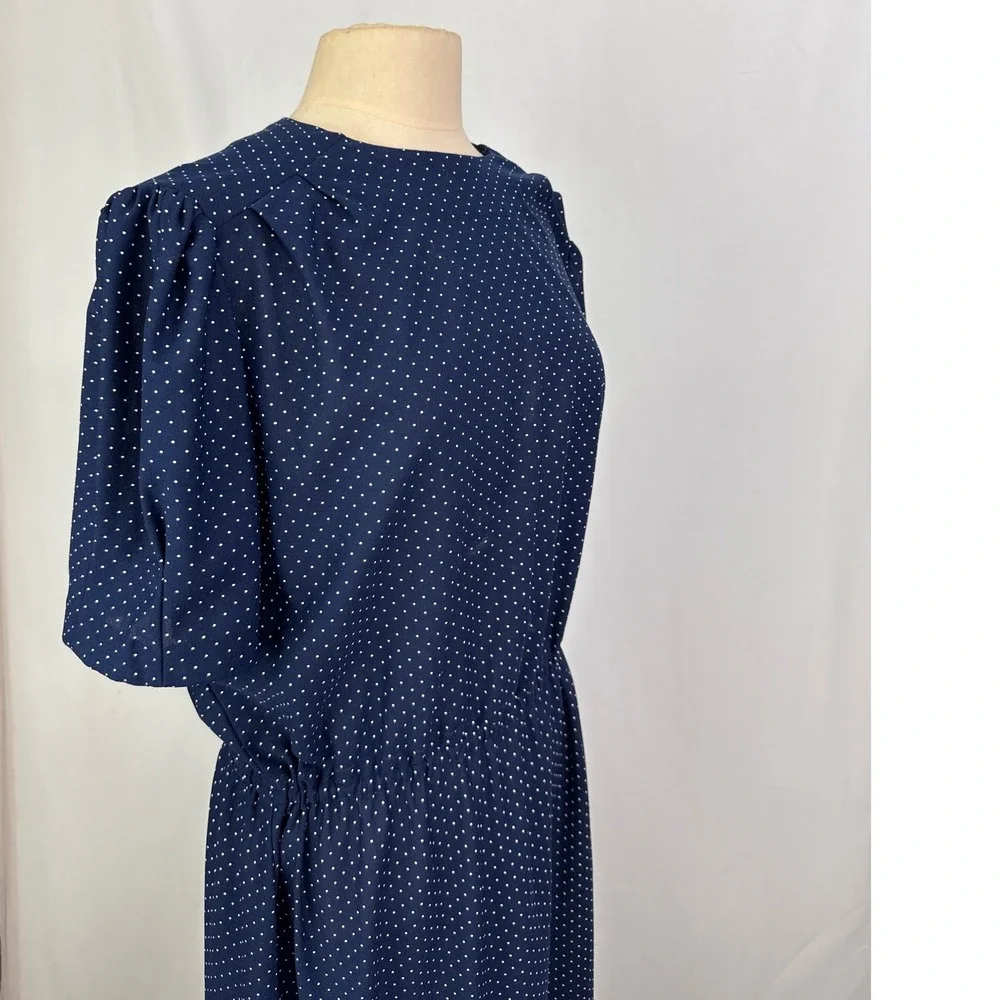 Vintage Navy Blue Polka Dot Midi Dress Short Puff Sleeve Elastic Waist Retro L