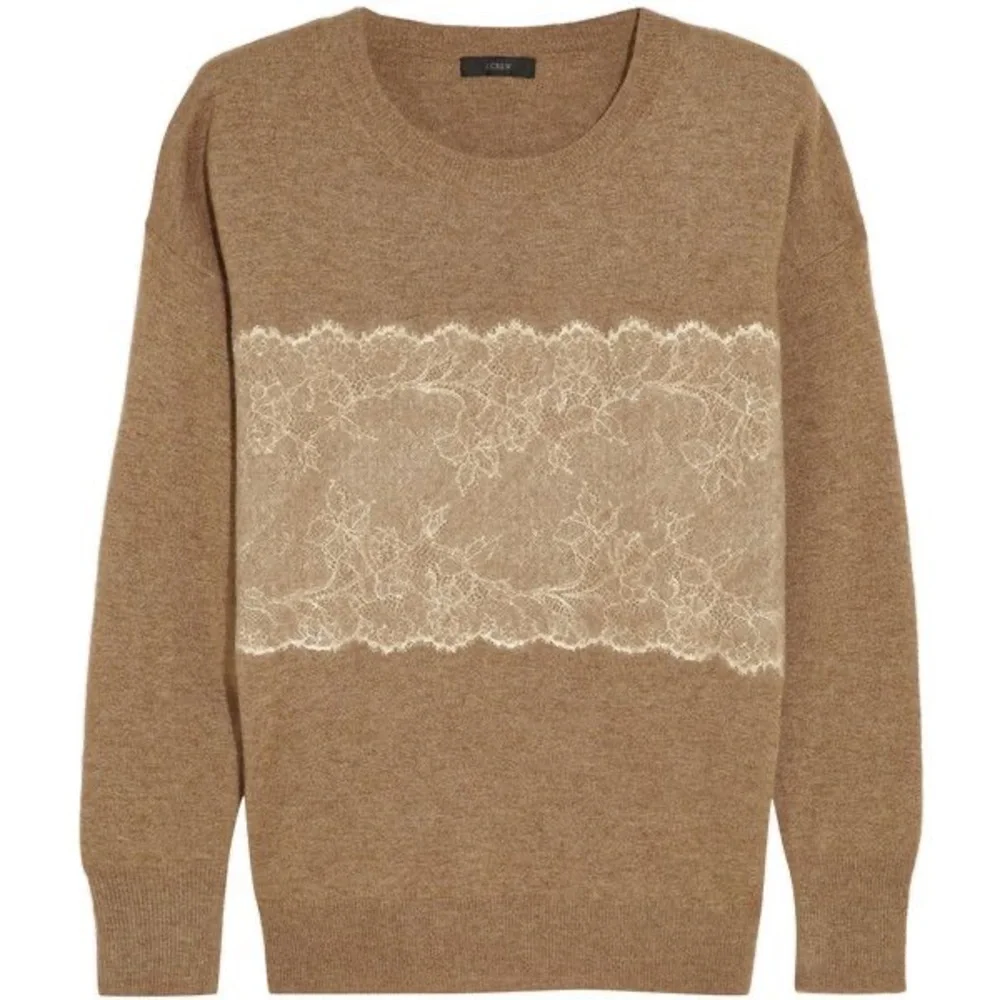 J.Crew Needle Punch Lace Panel Camel Sweater Small Wool Blend