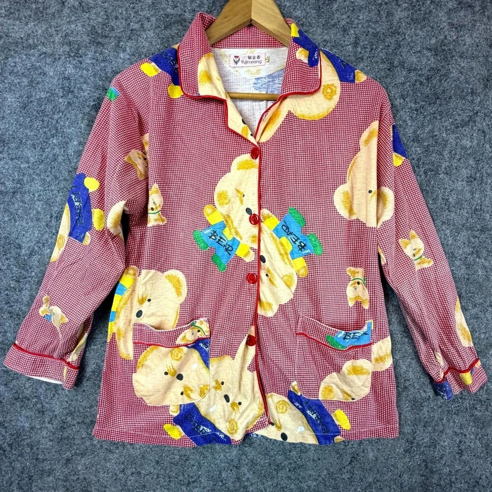 Vintage YUJinxiang Pajama Top Womens XL Red Gingham Bear Rabbit Button Front