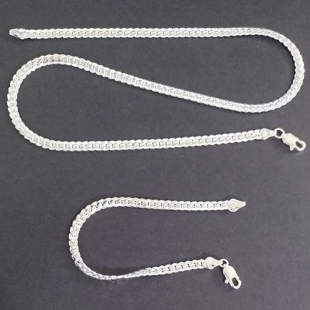 925 Silver Necklace Bracelet Set Cuban Snake Chain Men's Vtg Fashion Gift