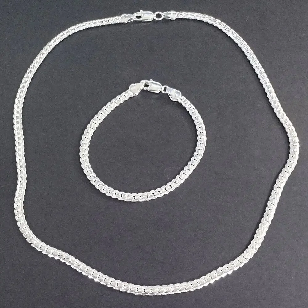 925 Silver Necklace Bracelet Set Cuban Snake Chain Men's Vtg Fashion Gift