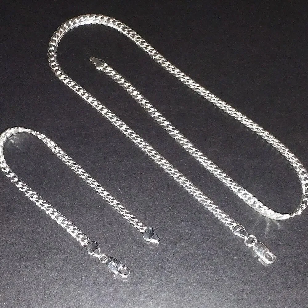 925 Silver Necklace Bracelet Set Cuban Snake Chain Men's Vtg Fashion Gift