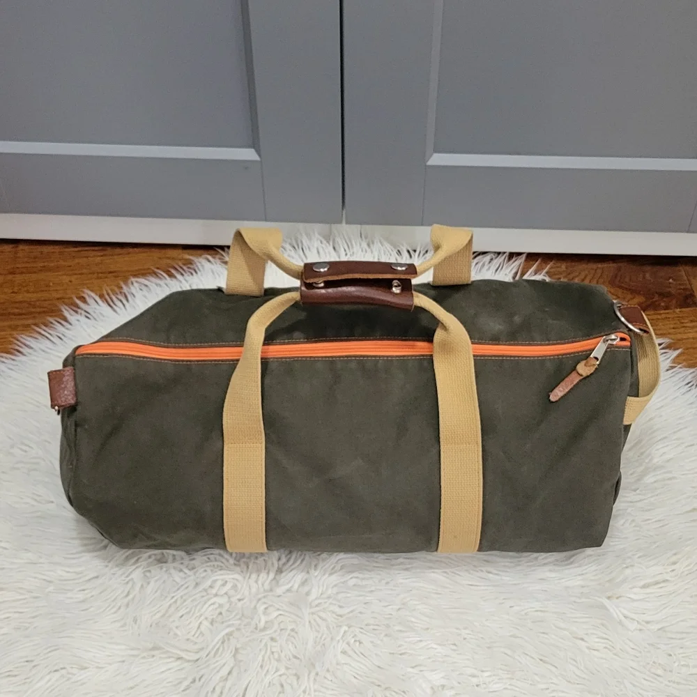 WORK HARD PLAY Olive Green Duffel Bag with Tan Straps