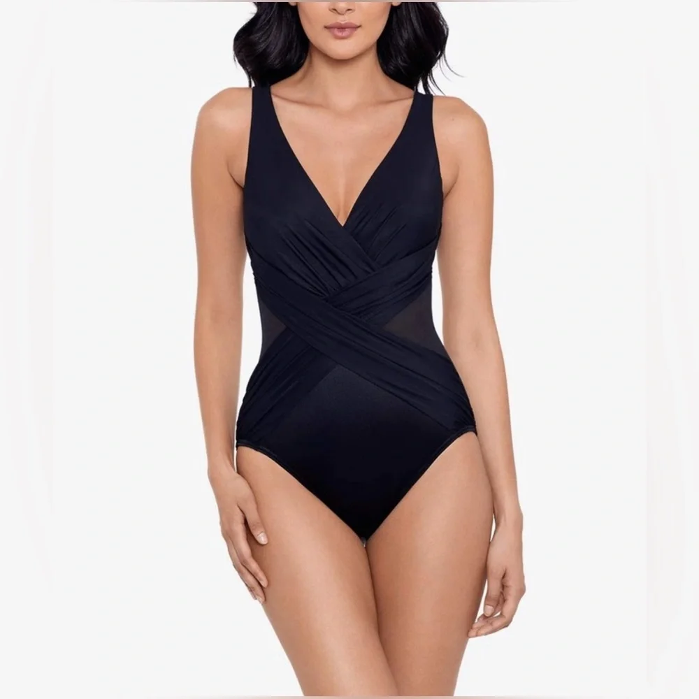 Miraclesuit Illusionists Crossover With Mesh One Piece in Black Size 8 New