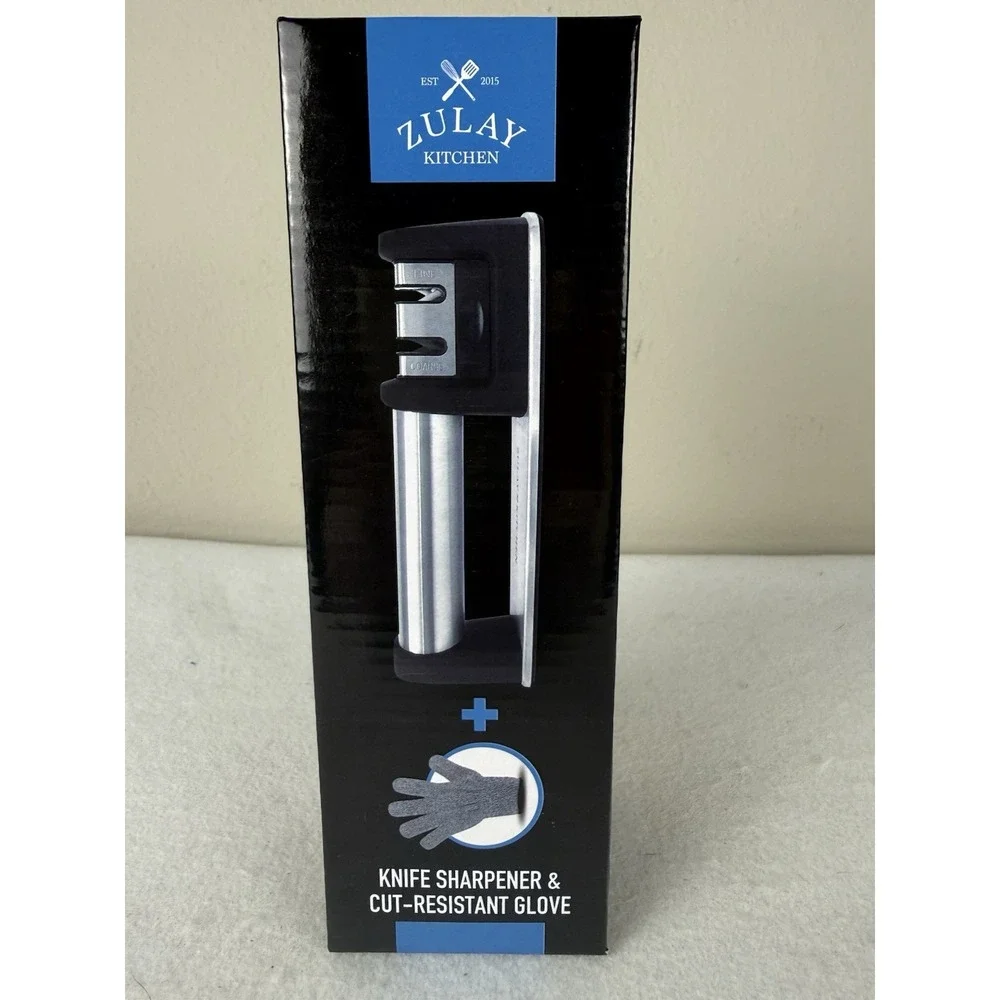 Zulay Kitchen Knife Sharpener with Cut Resistant Glove Two Stage Coarse Fine New