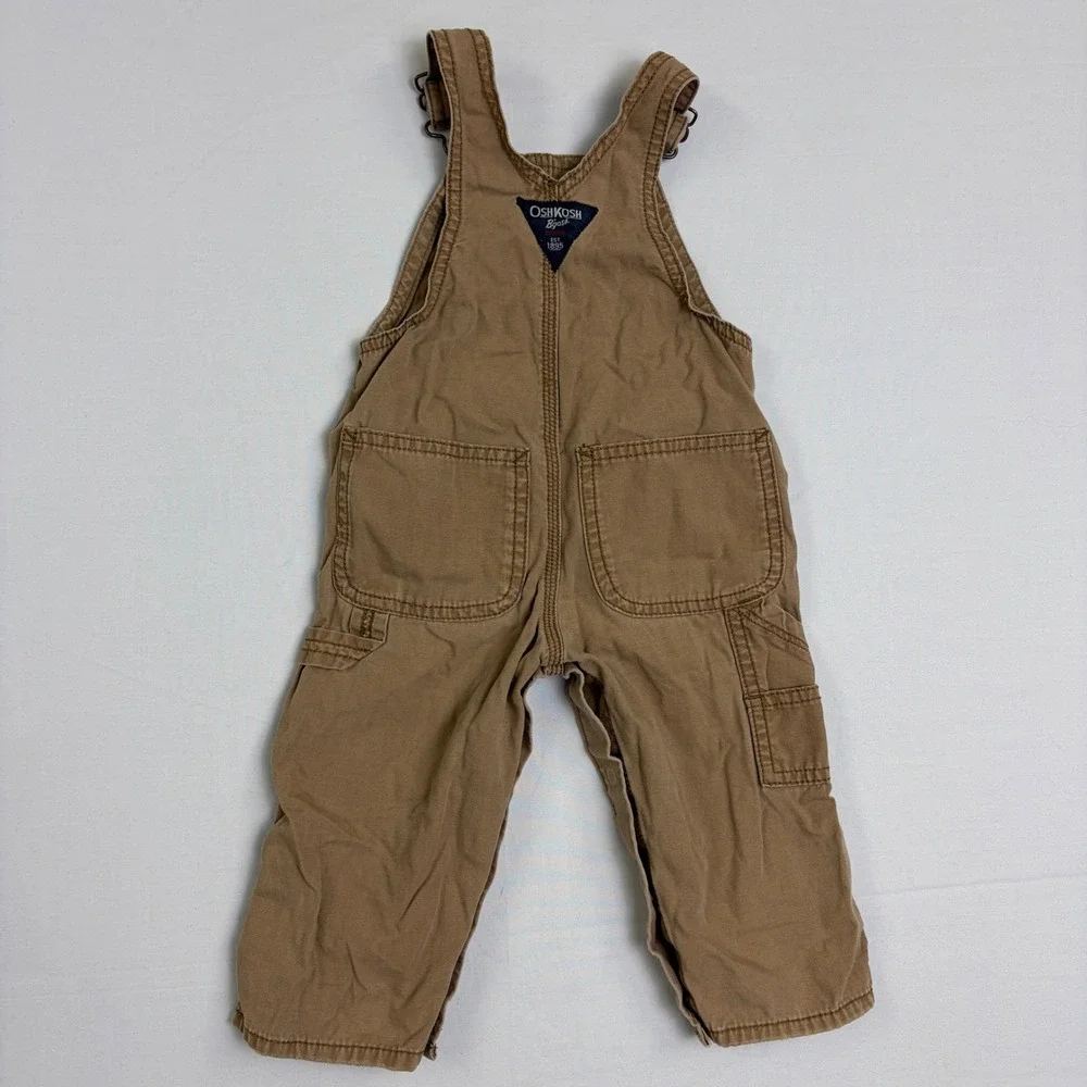 OshKosh Bgosh Kids Tan Canvas Overalls 12 Months Cotton Workwear Snaps Brown