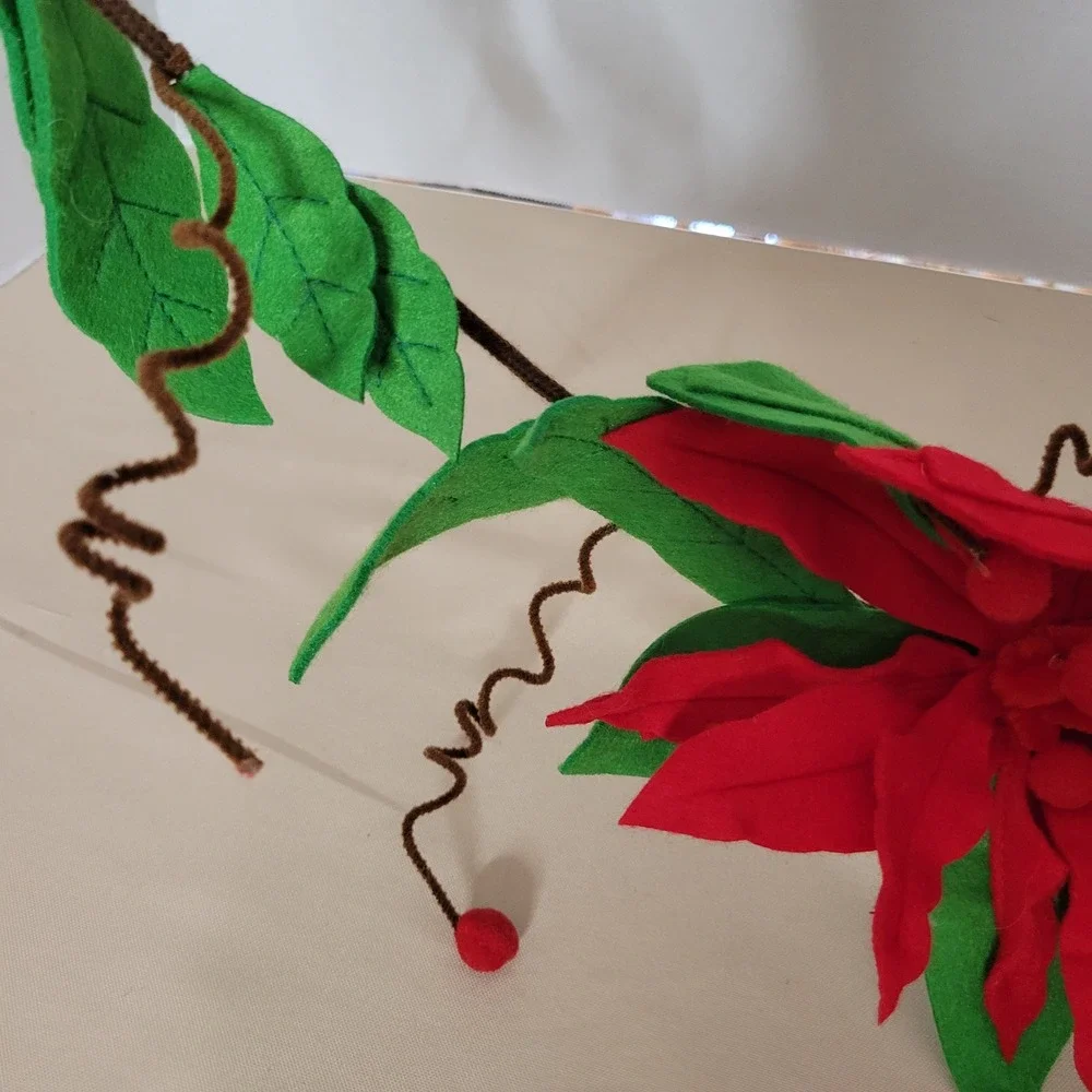 Red Felt Poinsettia Christmas Garland Holiday Mantel Decor Floral Vine 6ft