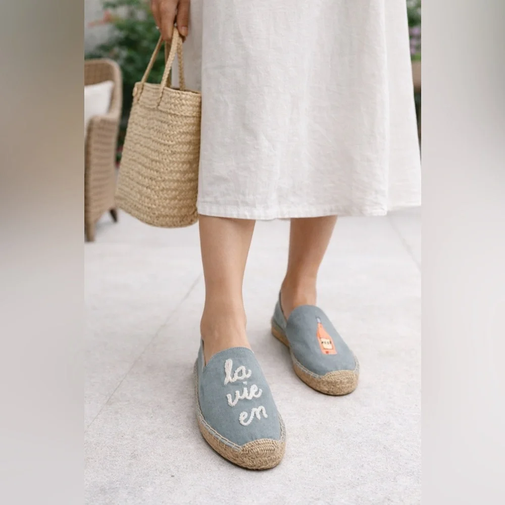 Soludos La Vie En Rosé Embroidered Espadrille Flats Blue Canvas Slip-On Shoes