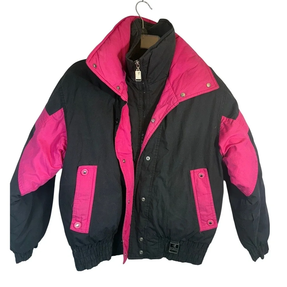 Vintage Downhill Racer Ski Jacket Black Pink Color Block Zip Girls 14 Winter