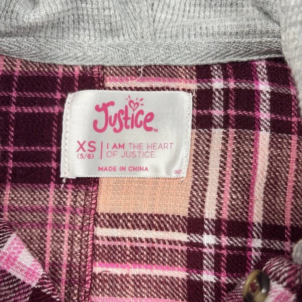 Justice Girls Long Sleeve Pink & Maroon Plaid Flannel Shirt W/Hood Size XS (5/6)