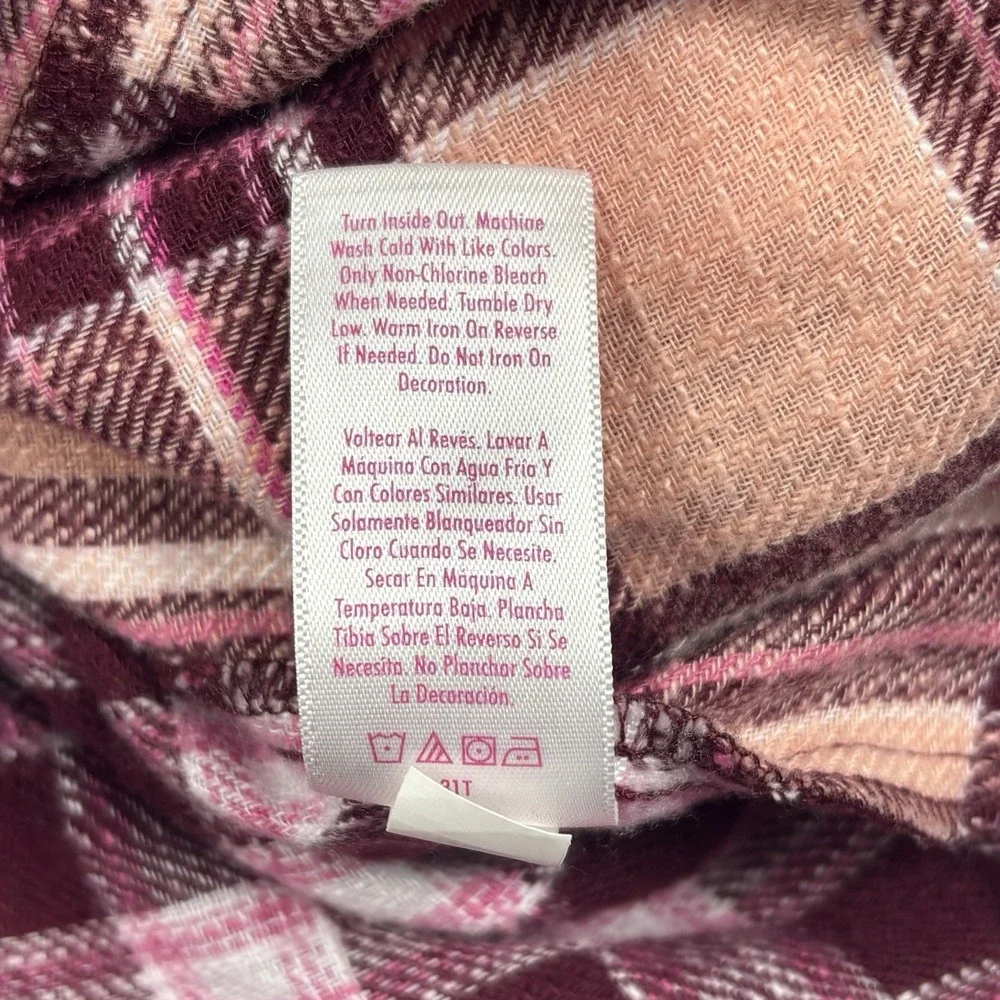 Justice Girls Long Sleeve Pink & Maroon Plaid Flannel Shirt W/Hood Size XS (5/6)