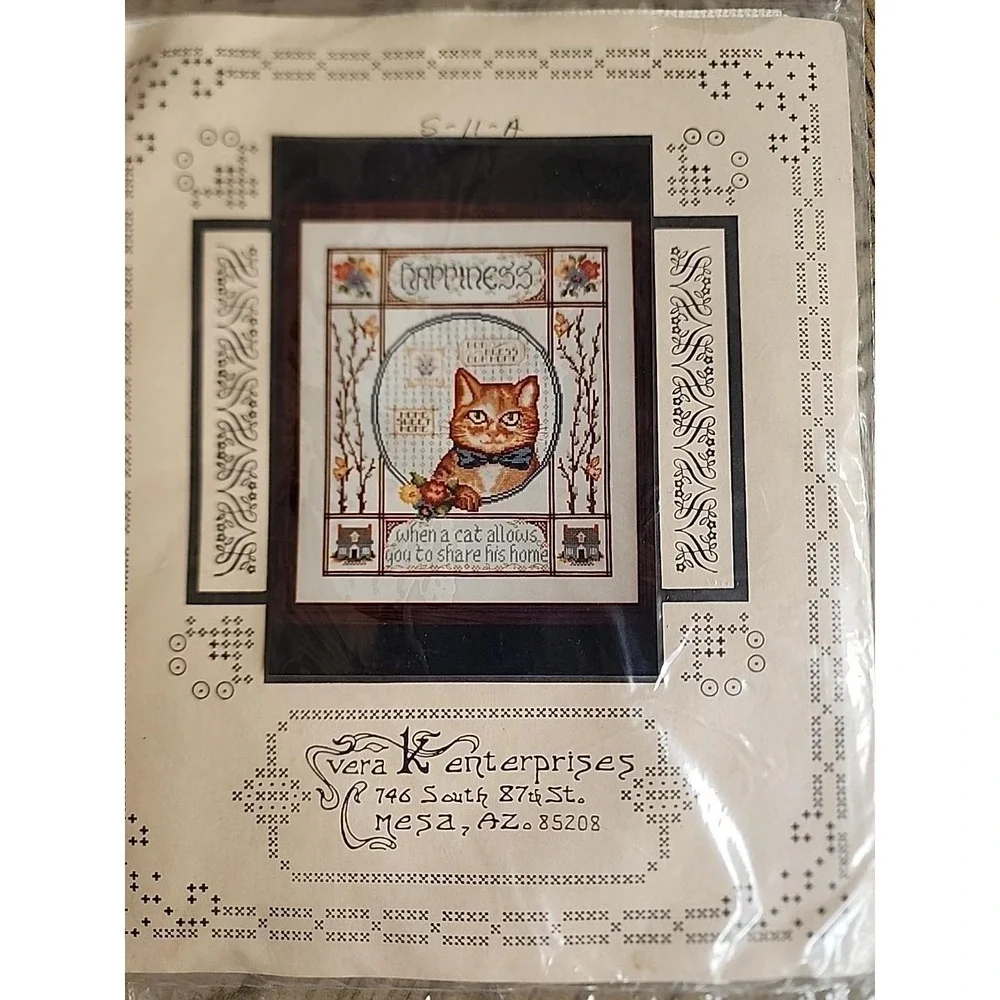 Vera K Enterprises Happiness Cat Home Cross Stitch Kit NOS New Vintage Kitty