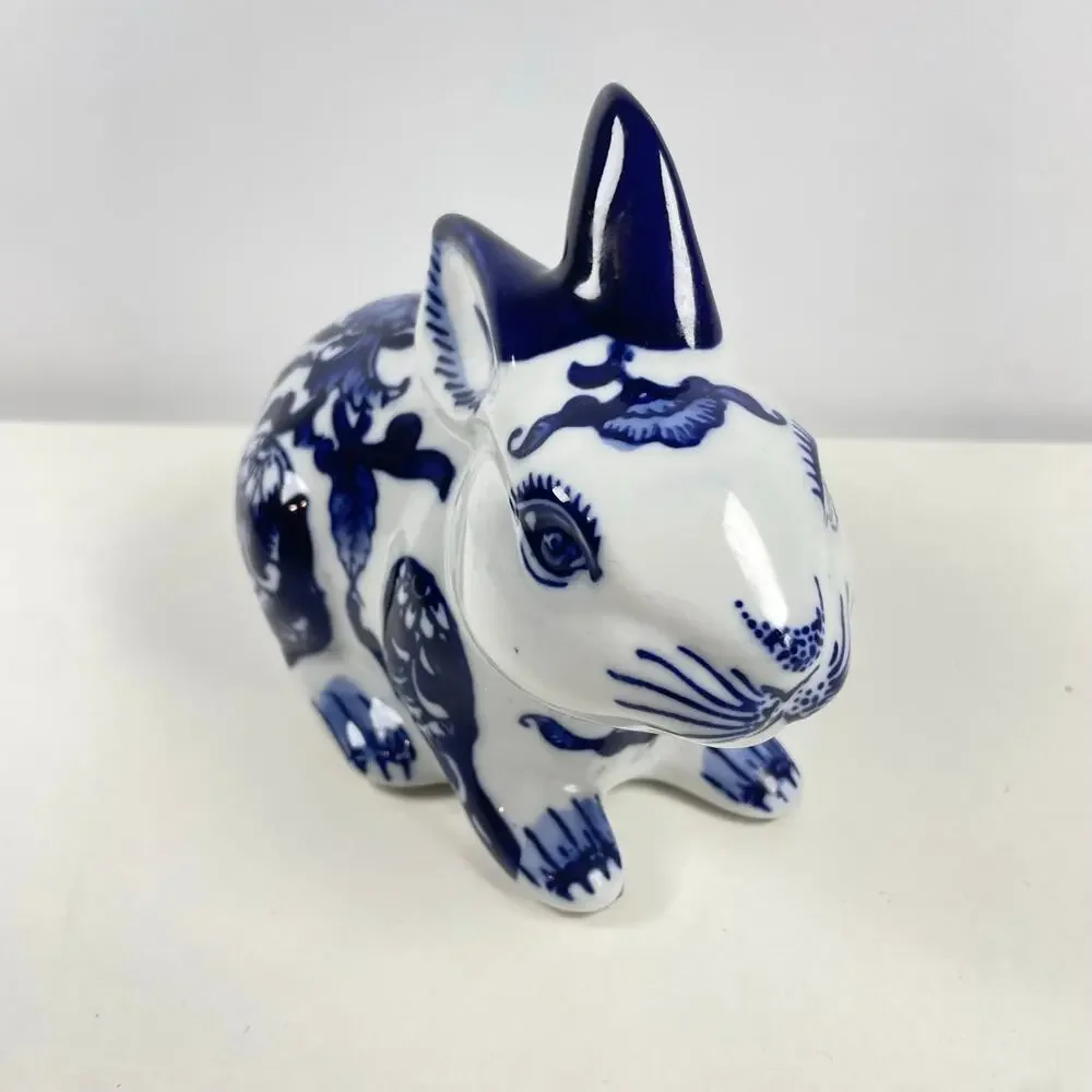 Handmade Cobalt Blue and White Porcelain Floral MMC Classical Bunny Rabbit 7x4.5