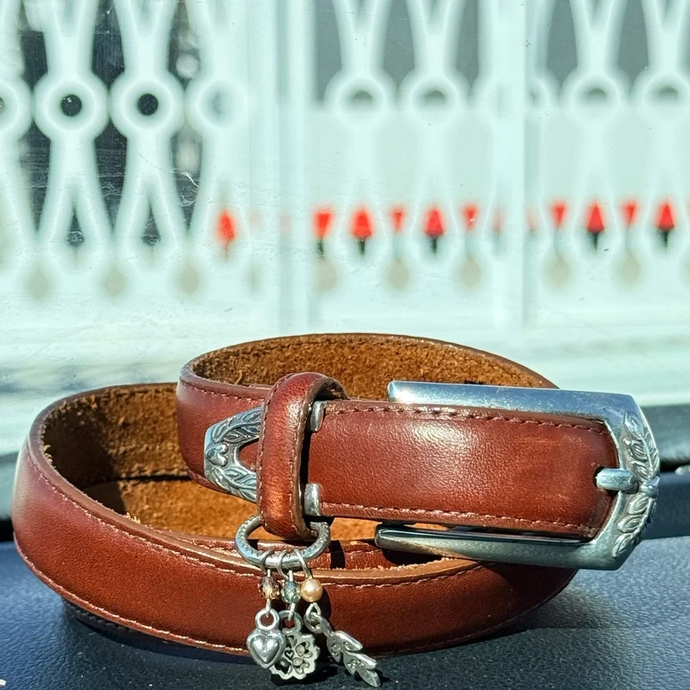 Brighton Brown Leather Belt Silver Buckle Charm Detail Size L 34”