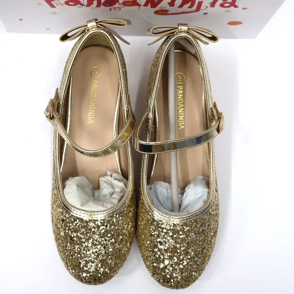 PANDANINJIA Girls Heels, Dress Shoes for Girls, Mary Jane Gold, Sequin SIZE 3
