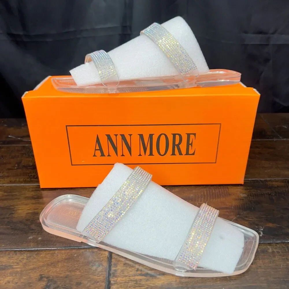 ANN MORE Carson Rhinestone Clear Slide Sandals Women's Size 8 EU 39 Bling Sparkl