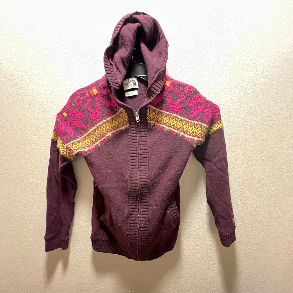 The North Face Full Zip Hoodie Sweater Kids Small Purple Fair Isle Good Knit