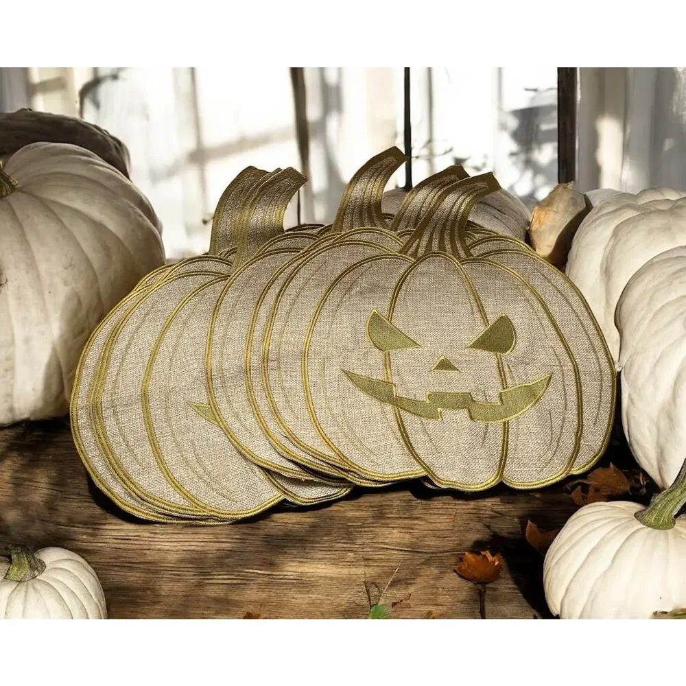 6 Pumpkin Jack O lantern Shaped Burlap Placemats Fall Autumn neutral brown