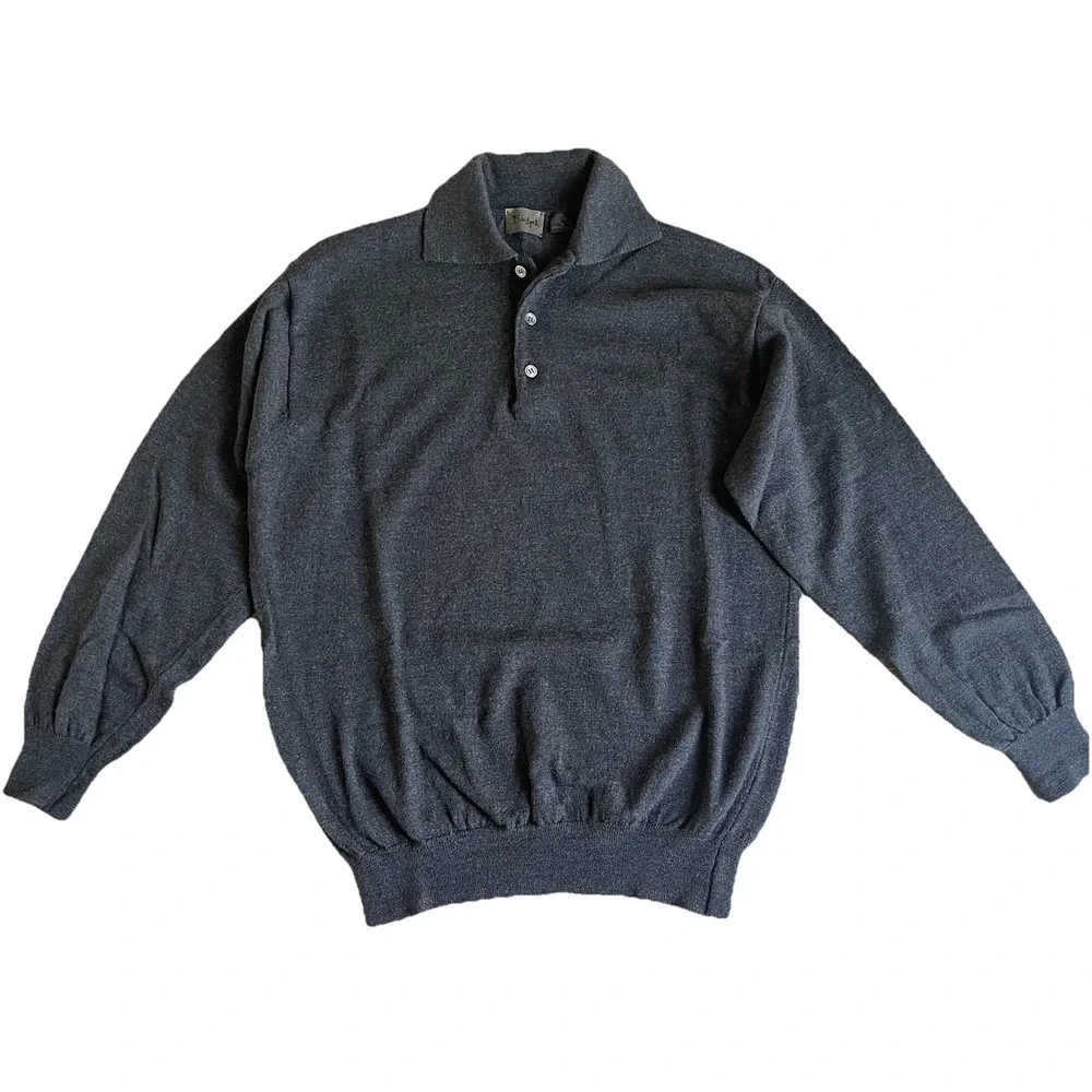 Bridges Sweater Mens 100% Fine Merino Wool Medium Button Collared Charcoal Gray
