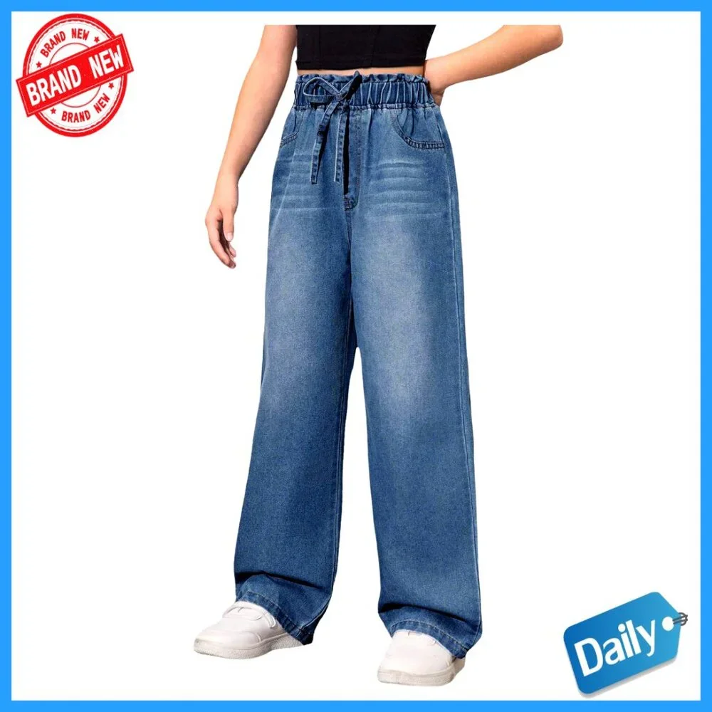 Girls Baggy Wide Leg Jeans High Elastic Waist Straight Leg Denim Pants