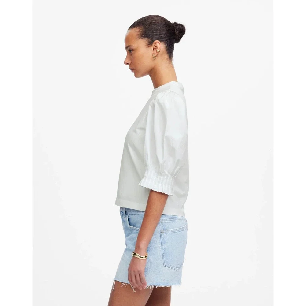 Madewell XXS Puff Half Sleeve Knit Top White Cotton Poplin Pleated Crewneck NWT