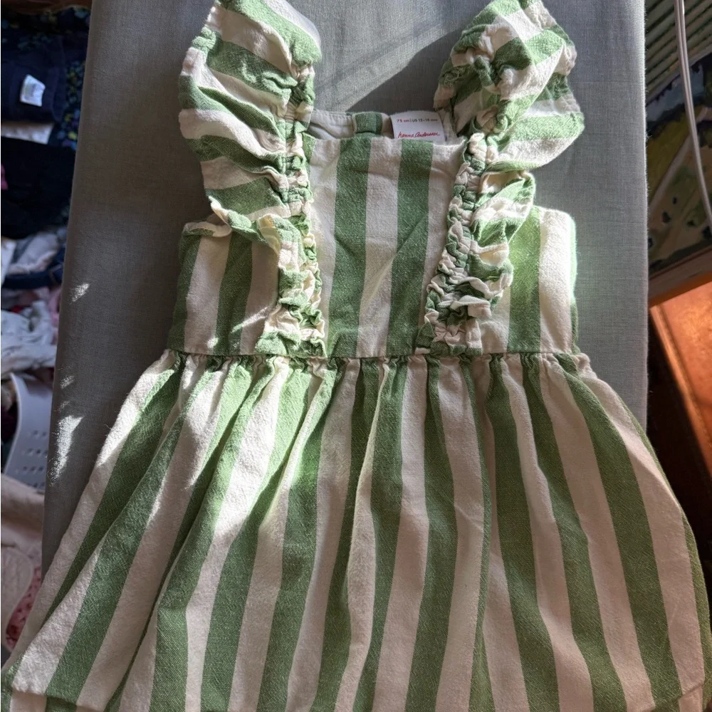 Hanna Andersson Green Stripe Baby Dress + Bloomers 12-18M
