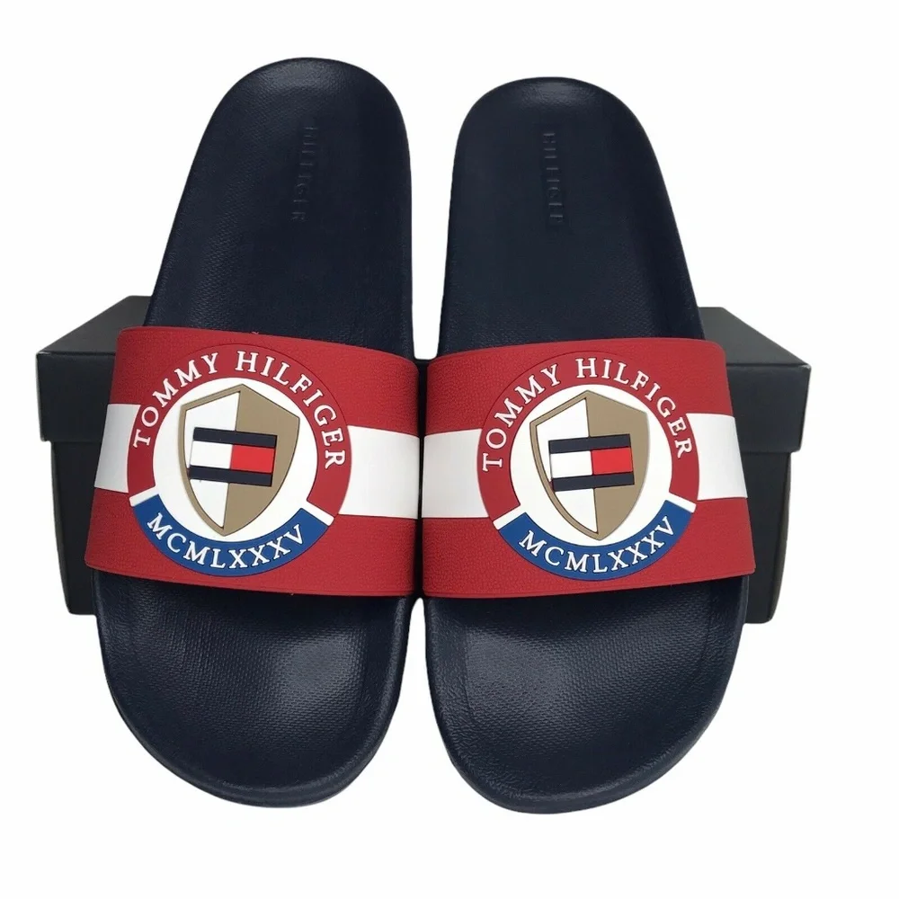 Tommy Hilfiger Mens Reboot Pool Slide Sandals Red Navy Blue Slip‎ On size 10