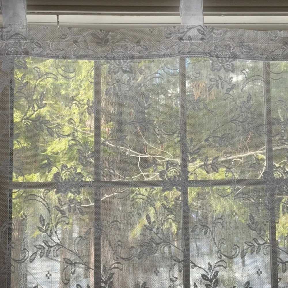 Elegant White Lace Curtain Panels Floral, Scalloped Bottom - 74” x 56” -Set of 3