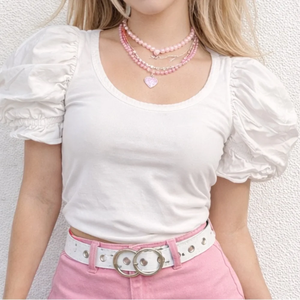 LOFT White Puff Sleeve Scoop Neck Top