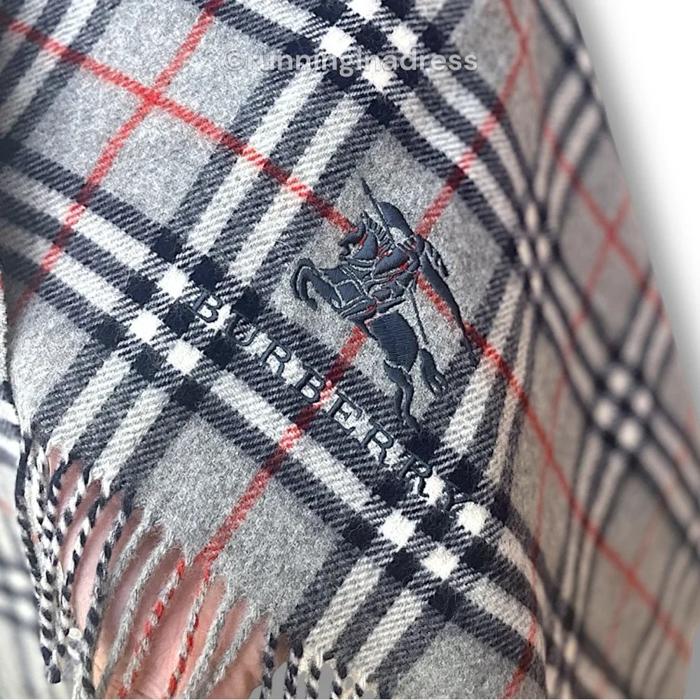 Vintage Burberry Nova Check Blanket Scarf Equestrian Knight Logo Grey Navy Blue