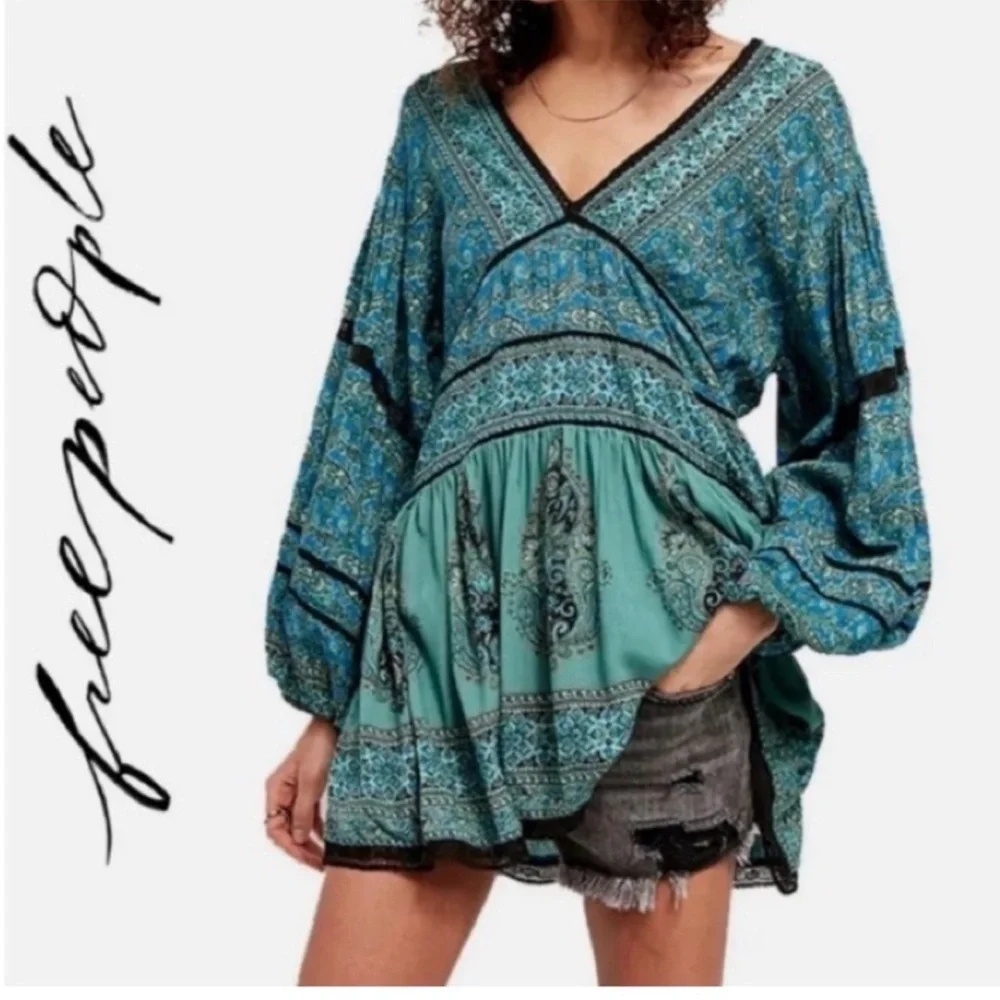 Free People Luna Scarf Print Tunic Ocean Blue Green