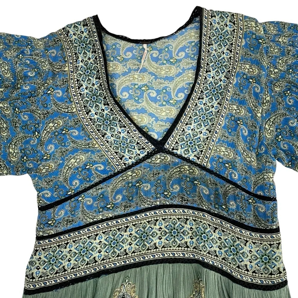 Free People Luna Scarf Print Tunic Ocean Blue Green
