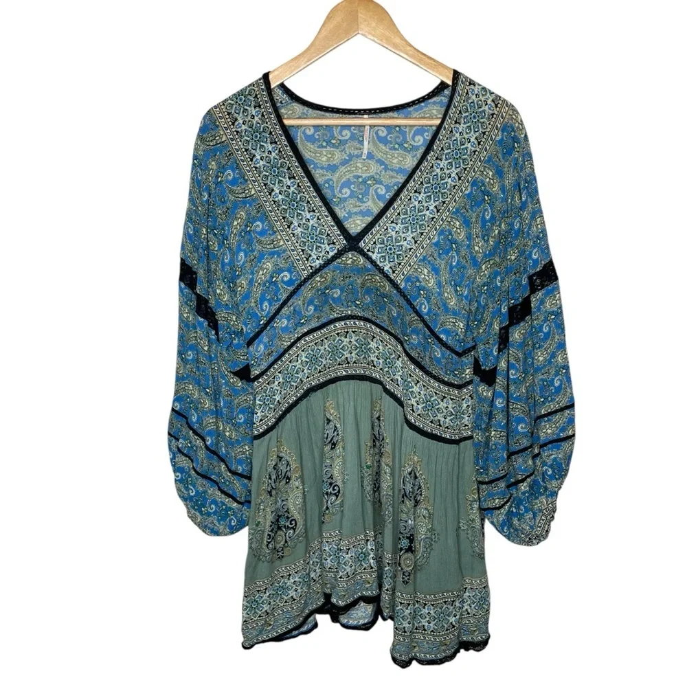 Free People Luna Scarf Print Tunic Ocean Blue Green